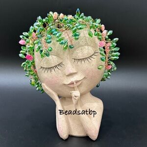 Handmade Beaded Forever Plant Crystal Teardrop Beads Cute 7” Resin Girl Planter